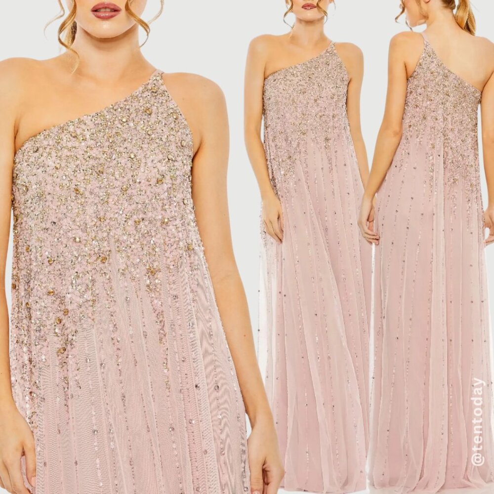 $598 Mac Duggal Size 6 Light Pink Gold One Shoulder Trapeze Long Gown Maxi Dress